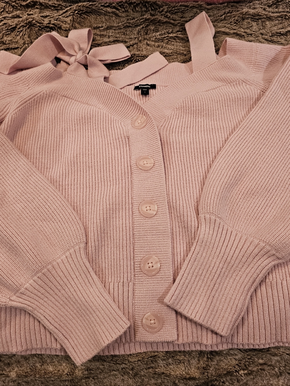 Express Light Pink Ribbed Button Cardigan with Shoulder Tie